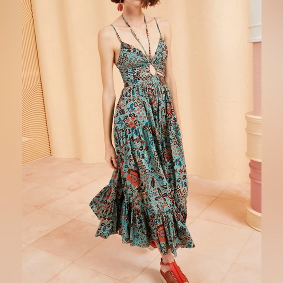 Ulla Johnson Phoebe Floral Boho Paisley Jade Midi Maxi Halter Green Dress  Size 6